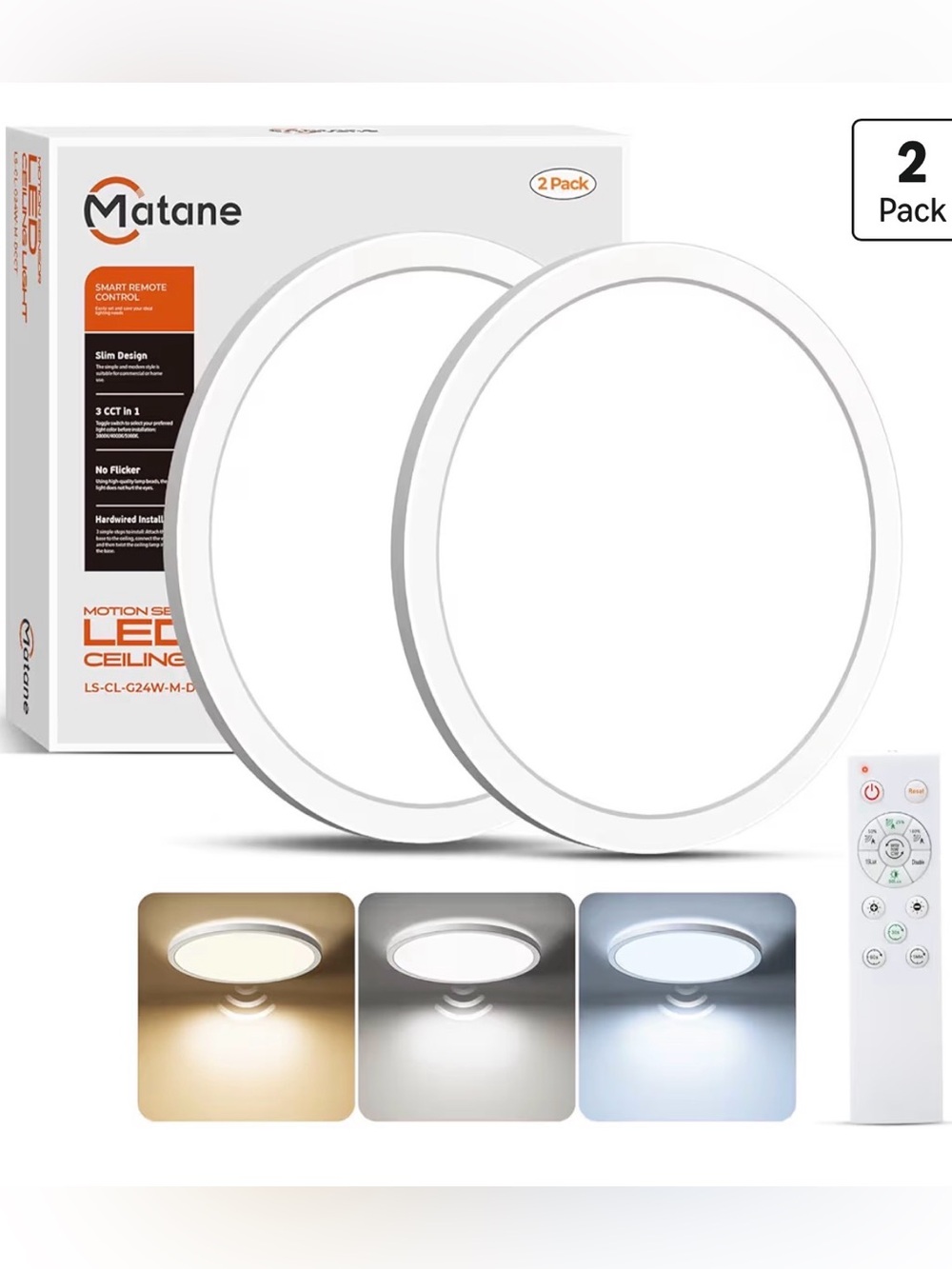 White LED Ceiling Light - 2 Pack with Remote